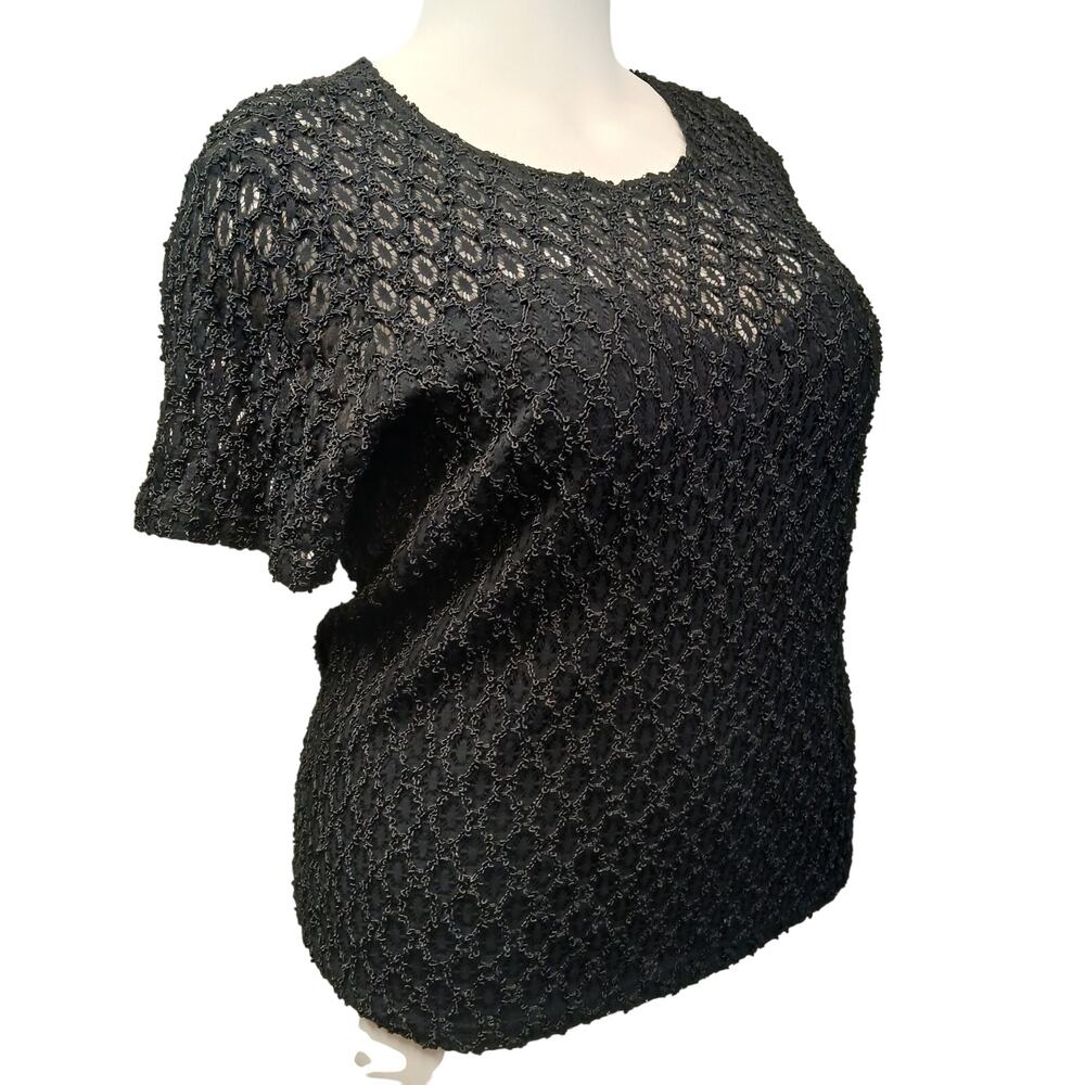 LIA Black Lace Top 2X Made in USA Open Knit Crochet Overlay Vintage Blouse